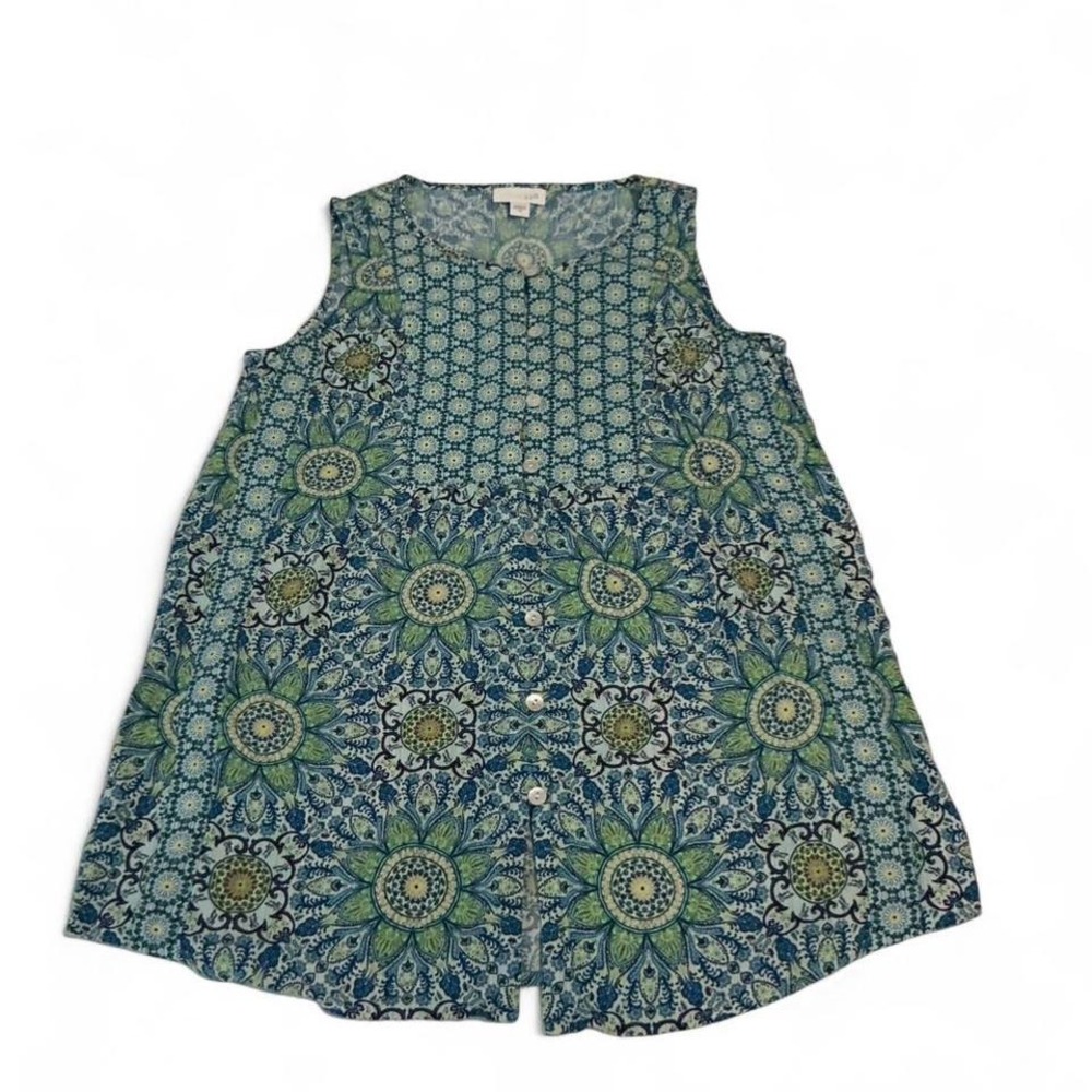 J.‎ Jill Sleeveless Top Women XS Blue Green Excellent Mandala Geometric Rayon